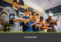Virtuelles Büro. Fünf Menschen, im Büro, die VR-Brillen tragen.