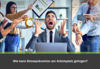 Wie kann Stressprävention am Arbeitsplatz gelingen. Sehr gestresster Mann, bei der Arbeit, der viele Aufgaben bekommt.