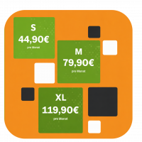 Preisübersicht mit Tarifen S, M und XL – monatliche Servicepakete mit unterschiedlichen Leistungsstufen