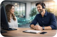 Kundenservice Mitarbeiter mit Headset im Gespräch – moderne Customer Experience und KI-gestützte Serviceprozesse