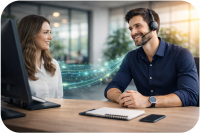 Kundenservice Mitarbeiter mit Headset im Gespräch – moderne Customer Experience und KI-gestützte Serviceprozesse