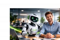 KI-Roboter und Service-Mitarbeiter arbeiten gemeinsam am Laptop im Büro – Symbol für künstliche Intelligenz im modernen Kundenservice.