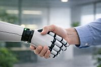 Mensch und Roboter geben sich die Hand – Symbol für künstliche Intelligenz und Automatisierung im Kundenservice